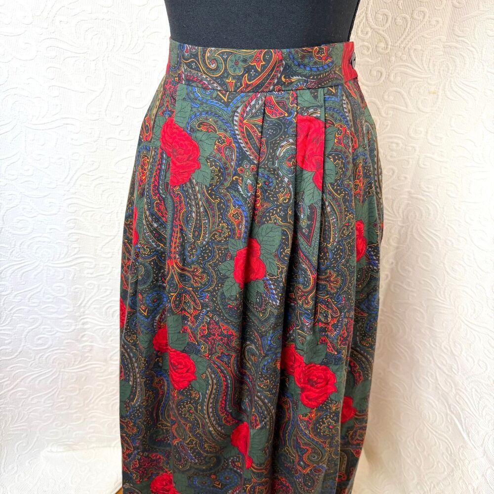 Vintage 90s Pleated Maxi Skirt Floral Rose Paisley Pockets Whimsigoth Academia L